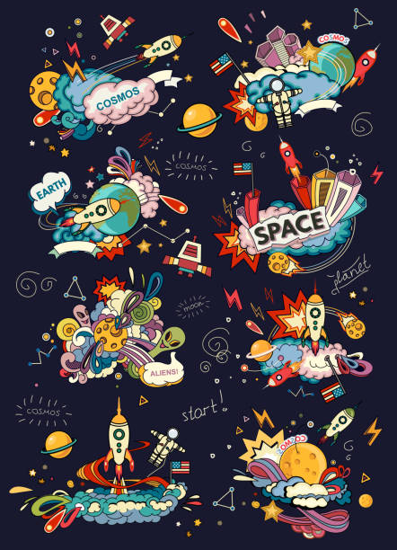 ilustraciones, imágenes clip art, dibujos animados e iconos de stock de espacio de estilo de dibujos animados - computer icon planet abstract social media