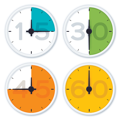 Colorful clock time symbols showing 15 minutes, 30 minutes, 45 minutes, and 60 minutes. EPS 10 file. Transparency effects used on highlight elements.