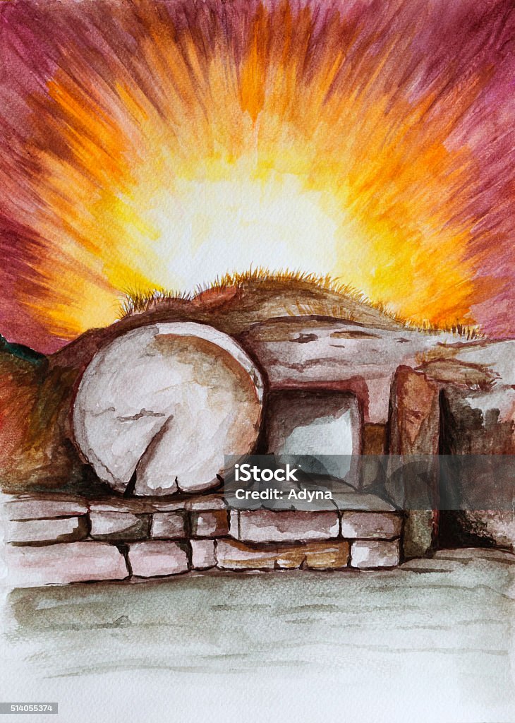 Resurrection Christ's Tomb. Watercolor Painting. Easter stock illustration