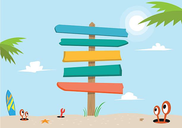 Signboard on a beach concept. Editable Clip Art. A blank and colorful signboard made of planks stands in the middle of a beach sand.   directional sign stock illustrations