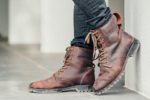 Men Fashion Brown Leather Boots And Blue Jeans Stock Photo - Download Image  Now - Adult, Arts Culture and Entertainment, Brown - iStock