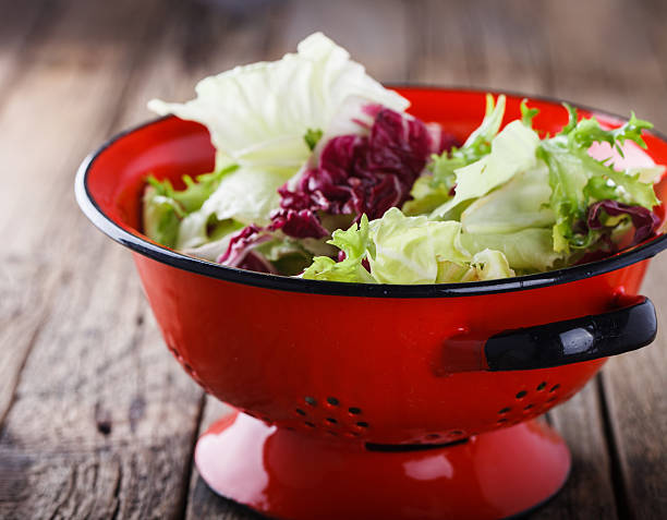 salada verde em um escorredor vermelho - distress rocket - fotografias e filmes do acervo