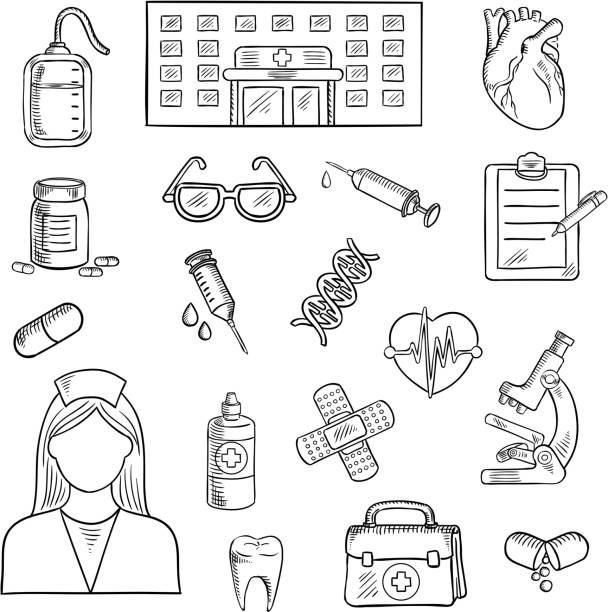 Hospital and medicine sketch objects Medical sketched icons of hospital building, doctor and first aid kit, glasses and microscope, medicine bottles and blood bag heart, syringe and DNA, plaster and clipboard, pen and tooth hospital drawings stock illustrations