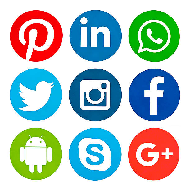 popular social media icons Kiev, Ukraine - February 15, 2016: Set of most popular social media icons: Facebook, Twitter,Youtube, Pinterest, Instagram, Google Plus, Linkedin, WhatsApp, Android printed on paper. social issues stock pictures, royalty-free photos & images