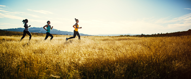 A group of young adult friends runs in a pristine and vast outdoor area, the sun shining warm golden light on the scene.  They run across a large field, the grass a golden yellow color.  Shot in a minimalist style.  Depicting trail running, healthy lifestyle and exercise in the great outdoors.  Horizontal image with copy space; letterbox style.