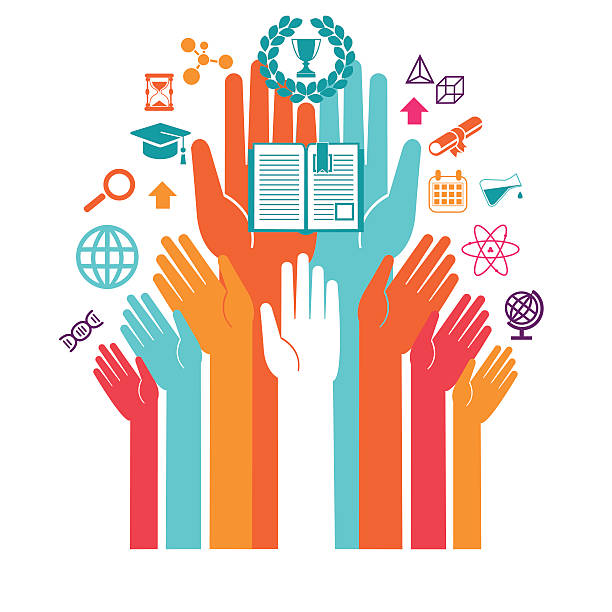 Hands with icons of education and technology, Education Online, education icons, set of design icons for education. Some icons show a microscope, a atom, a globe, some geometric figures, a electric light, a university shield, a trophy, a book, global communication. Communication abstracts, Media, Social Networking, seo, digital marketing,digital communication. Concept. Very easy to manipulate, elements are on different layers. Vector illustration - EPS (version 10) file.