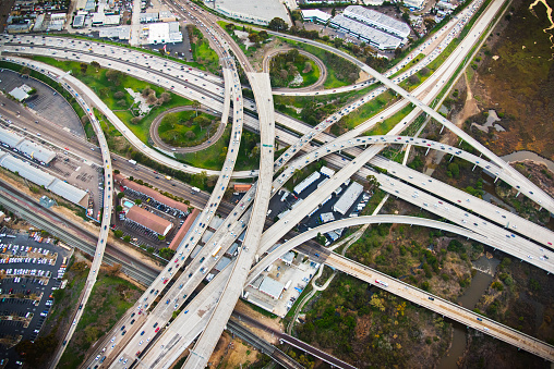 The connection between Interstates 5 and 8 in San Diego, California shot from an elevation of about 300 feet from a chartered helicopter during a photo flight.  