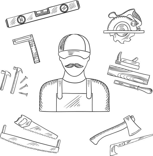 Carpenter and toolbox tools sketches Carpenter and toolbox tools sketches with hammer, file, axe, nails, handsaw, hacksaw, ruler, plane and measuring level airplane mechanic stock illustrations