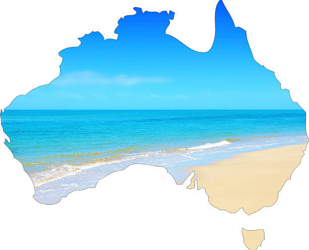 Map of Australia showing vast wide open sandy beach and blue skies.