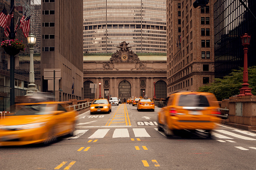 Taxis on the street leading to Grand Central Terminal in New York City. 