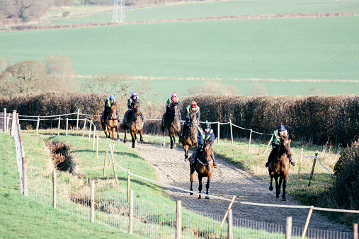 Jockeys ride out early on a winter's morning. Anthony Honeyball Racing, Potwell Farm Stables, Mosterton, Dorset