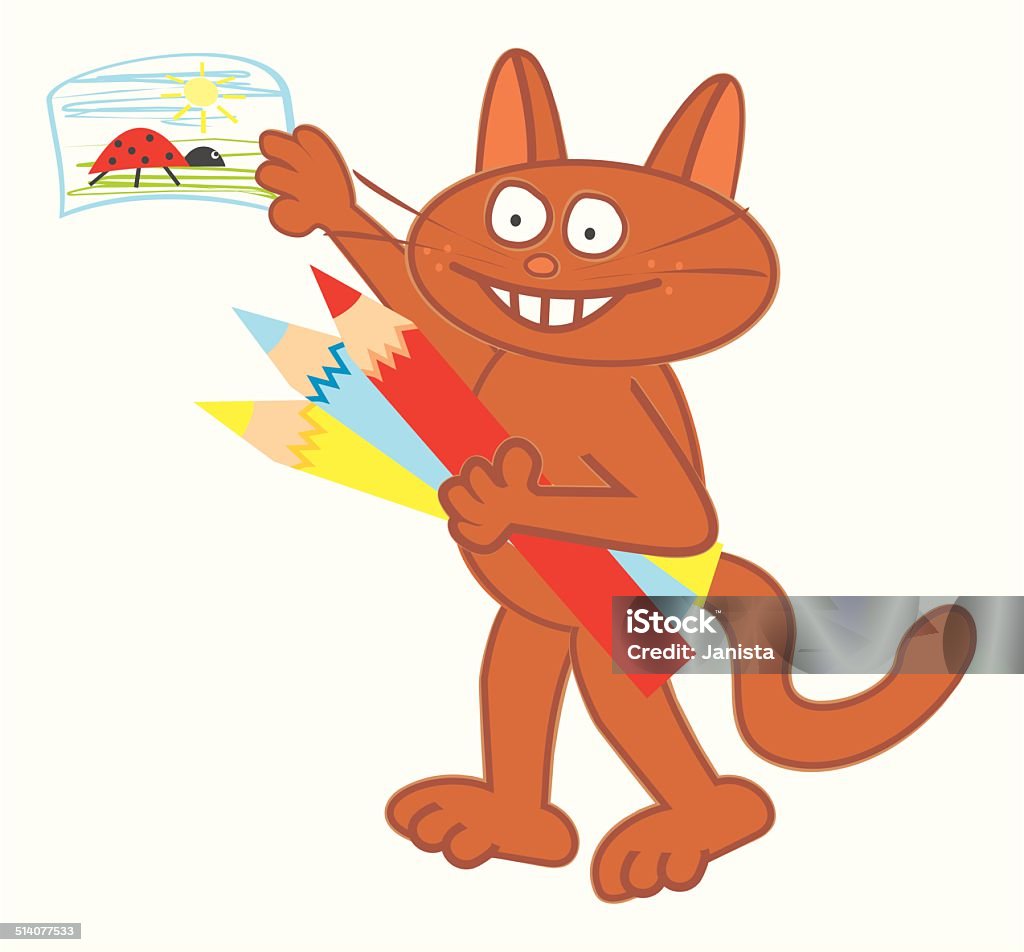 Tomcat and drawing Tomcat, drawing and crayons. Humorous illustration. Animal stock vector