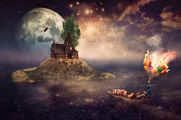 Fantasy island with witch hut and lone sea drifter.