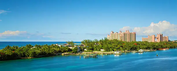Scenic view of the Nassau, Bahamas, the cruise port and Paradise Island. Atlantis Caribbean beach resort at Nassau with white sand coastline and deep blue sea, Bahamas.