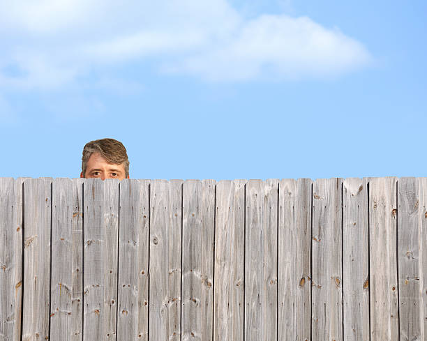 istock Peeping tom stalking over wooden fence stalker 514099416