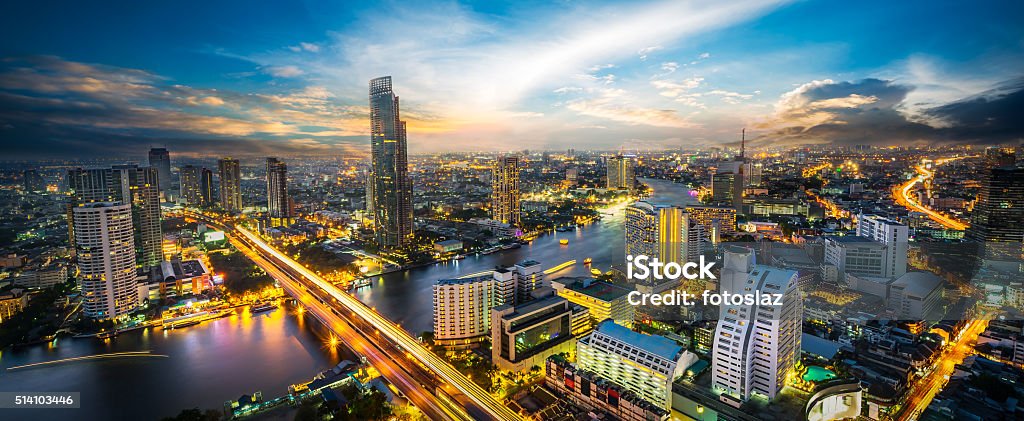 Night scene cityscape Skyscraper on night scene cityscape at Chaopraya river in Bangkok metropolis Thailand Thailand Stock Photo