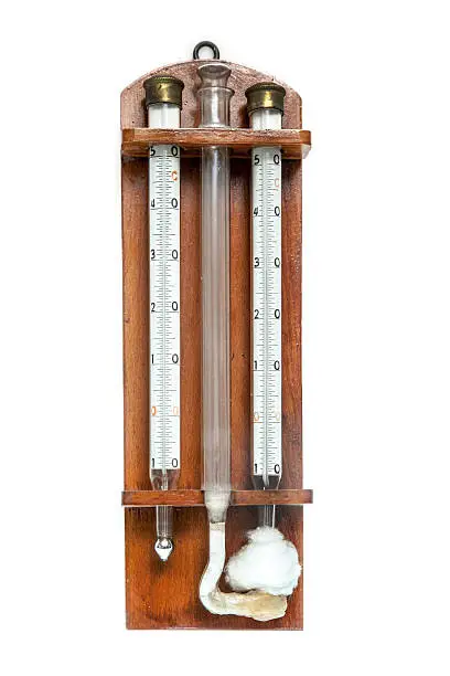 A psychrometer  is a device used in meteorology to measure relative humidity or water vapor content in the air. It is distinct from domestic hygrometers. This is a model more than 100 years old.