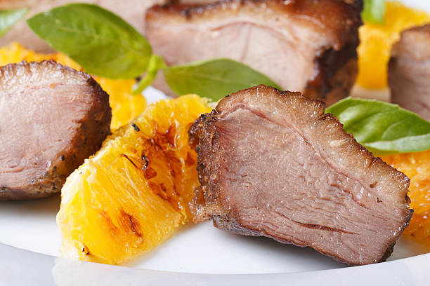 istock slices of roasted duck with orange macro on plate horizontal 514104807