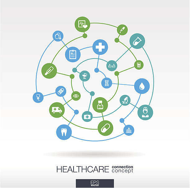 Healthcare connection concept Abstract background with integrated circles and icons for medical, health, care, medicine, network, social media and global concepts. Vector infographic illustration. medical infographics stock illustrations