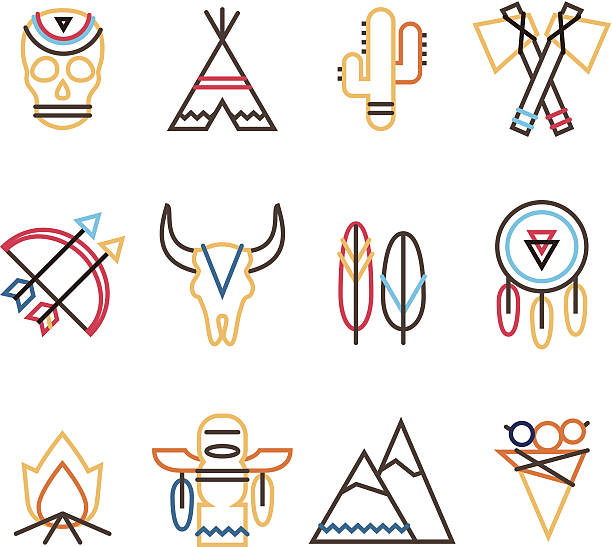 illustrazioni stock, clip art, cartoni animati e icone di tendenza di set di icone tribali - wigwam tent north american tribal culture indigenous culture