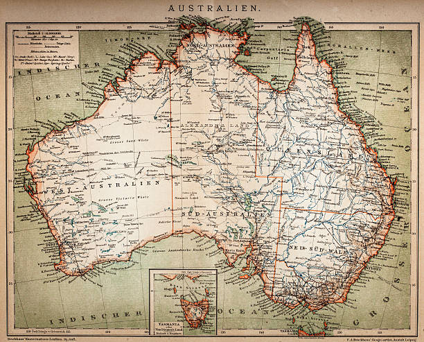 Map of Australasia (1898 engraving) Old map of Australasia from 1898 new zealand australia cartography western australia stock illustrations