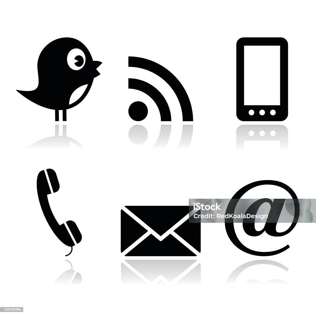 Contact and social media icons set- twitter, Facebook, RSS Social media and contact page black icons set with shadow Social Media Followers stock vector