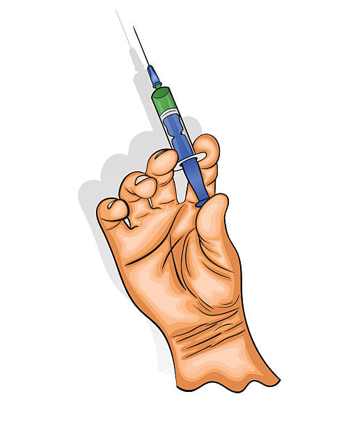 ilustrações, clipart, desenhos animados e ícones de mão segura o seringa com a vacina. - syringe surgical needle vaccination injecting