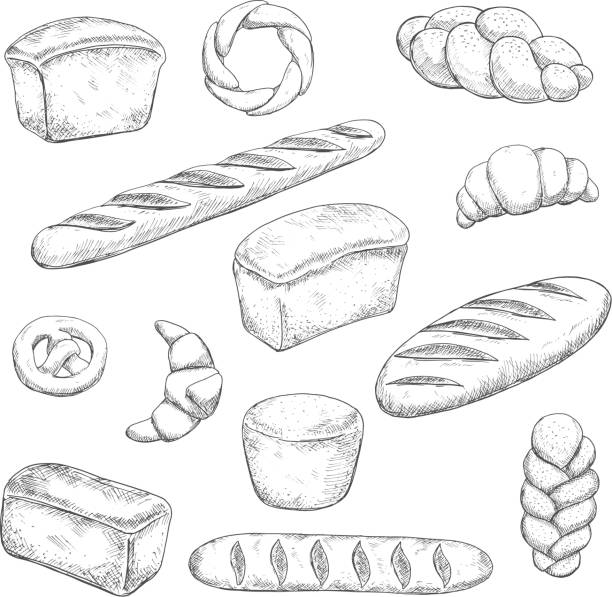 retro piekarnia i ciasto szkice - baguette stock illustrations