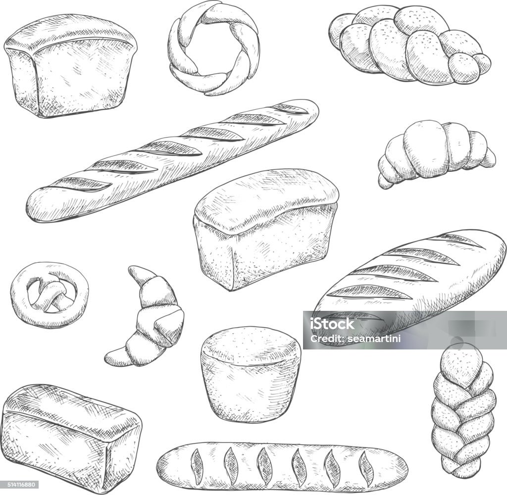 Retro bakery and pastry sketches Bakery and pastry sketches with engraving stylized fragrant freshly baked baguette, healthy rye and delicious wheat bread loaves, croissants with chocolate fillings, soft pretzel and braided buns Baguette stock vector