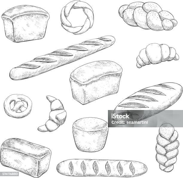 Retro Bakery And Pastry Sketches Stock Illustration - Download Image Now - Baguette, Bread, Engraving