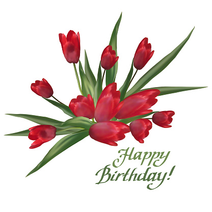  Ilustración de Rojo Ramo De Tulipanes Con Letras Texto Feliz Cumpleaños y más Vectores Libres de Derechos de Acontecimiento