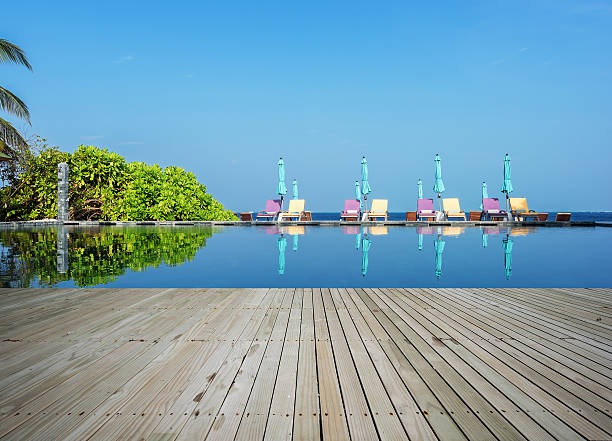 istock Wooden platform beside swimming pool 514119302