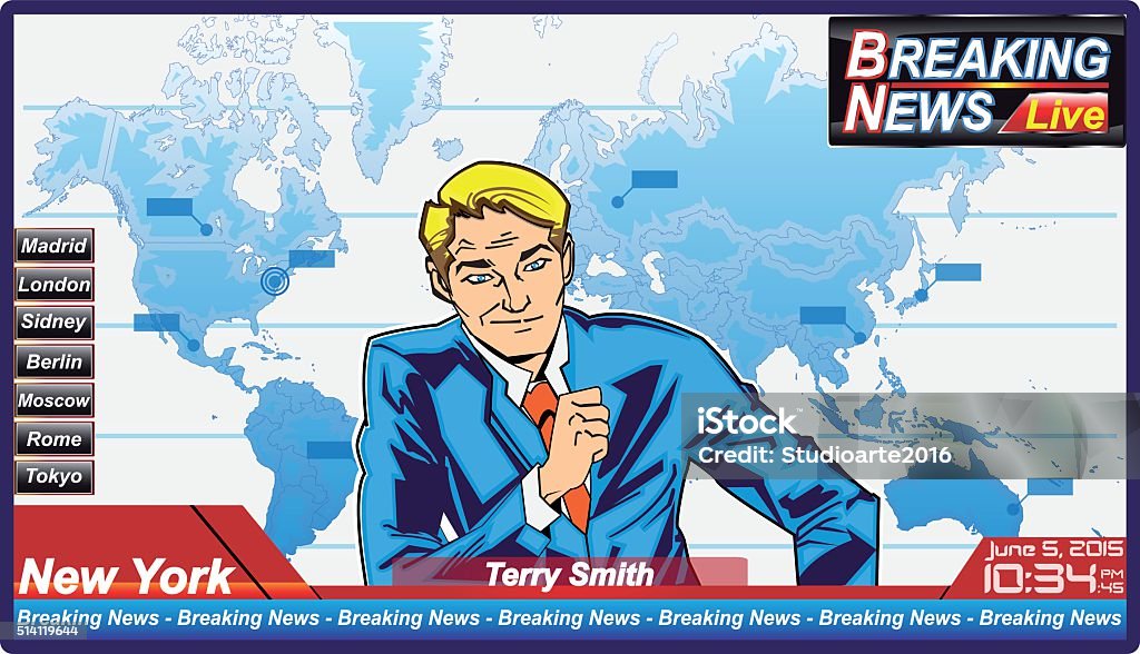 Breaking news journalist with serious man Illustration of a man journalist intent on describing a news item Adult stock vector