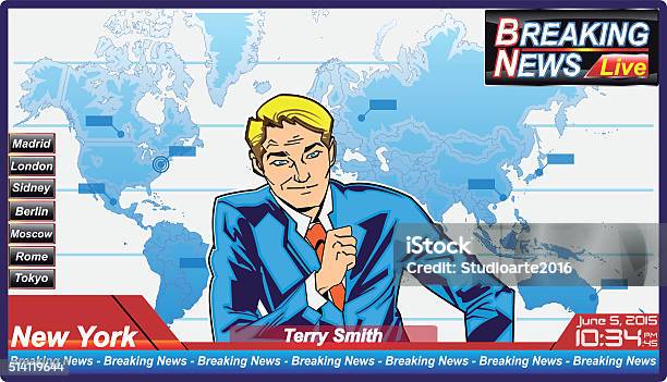 Breaking News Journalist With Serious Man Stock Illustration - Download Image Now - Adult, Art And Craft, Arts Culture and Entertainment