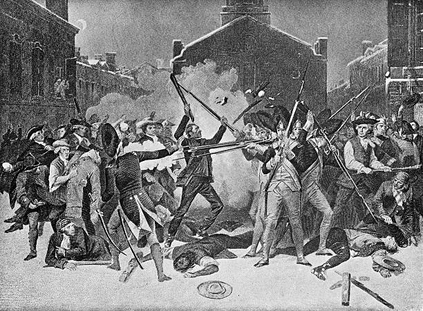 Boston Massacre Image from 1896 showing the Boston Massacre in 1770 which was part of the American Revolutionary War. mass murder stock illustrations