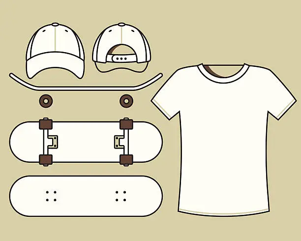 Vector illustration of Set of blank skateboard, t-shirt and cap