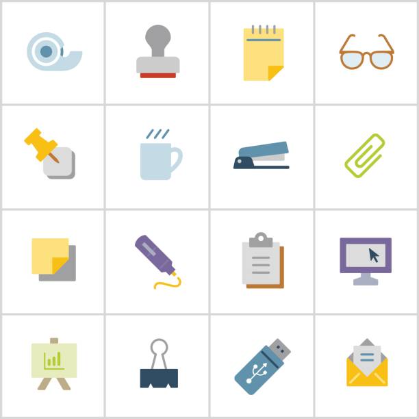 Office Supply Icons 1 — Poly Series Professional icon set in flat color style. Vector artwork is easy to colorize, manipulate, and scales to any size. stapled paper stock illustrations