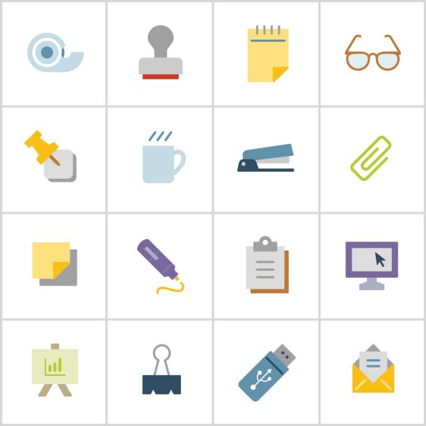 Office Supply Icons 1 — Poly Series Professional icon set in flat color style. Vector artwork is easy to colorize, manipulate, and scales to any size. rubber stamp ink pad stock illustrations