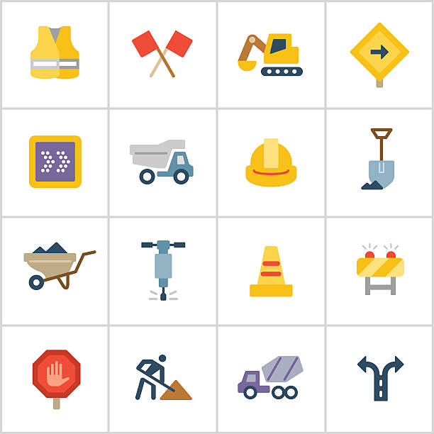 illustrazioni stock, clip art, cartoni animati e icone di tendenza di lavori di costruzione di icone, serie di poliestere - jackhammer road construction construction worker road