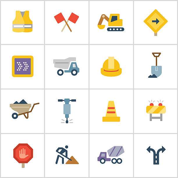 budowa dróg ikony — poli serii - jackhammer road construction construction worker road stock illustrations