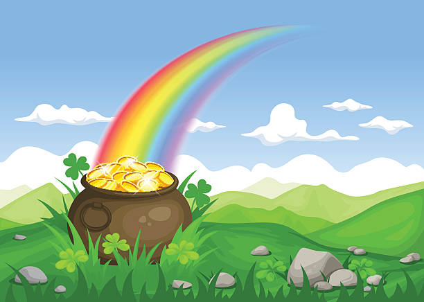 st. 패 트 릭의 day 아일랜드 풍경-포트 골드. - st patricks day pot of gold clover irish culture stock illustrations