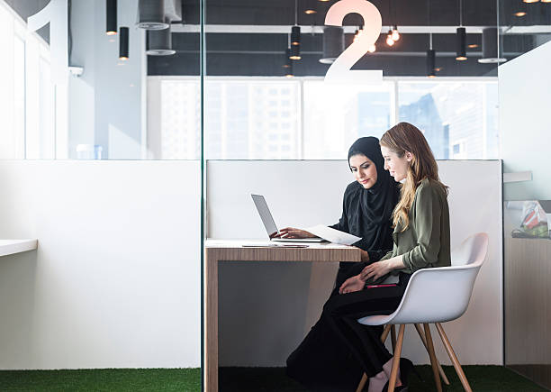 Two businesswomen in office cubicle, Dubai, UAE