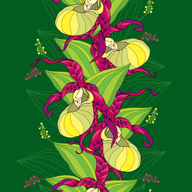 illustrazioni stock, clip art, cartoni animati e icone di tendenza di motivo senza interruzioni, con scarpetta di venere-orchidea nelle foglie gialle e a righe. - ladyslipper