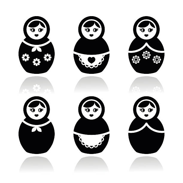 illustrazioni stock, clip art, cartoni animati e icone di tendenza di bambola russa, impostare di icone vettoriali retrò fazzoletto per la testa - russian nesting doll doll russia decoration