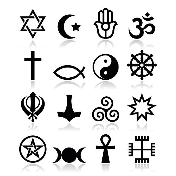 ilustraciones, imágenes clip art, dibujos animados e iconos de stock de religión del mundo-vector iconos conjunto de símbolos - sikhism triskelion taoism icon set