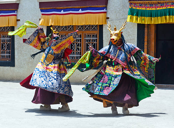 cham dance in lamayuru gompa in ladakh, north india - losar bildbanksfoton och bilder