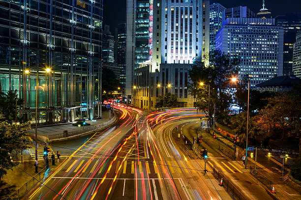 istock Night time traffic light trails in Hong Kong 514157854