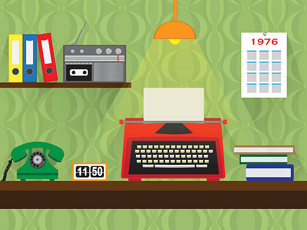 seventies retro work place with old typewriter, vintage wallpaper background seventies retro work place with red typewriter, green telephone, radio with tape deck in bureau with wooden table and vintage wallpaper 1970s office desk stock illustrations