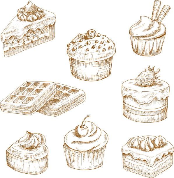 ilustraciones, imágenes clip art, dibujos animados e iconos de stock de delicioso panadería y pasteles bocetos - engraving old fashioned cake food