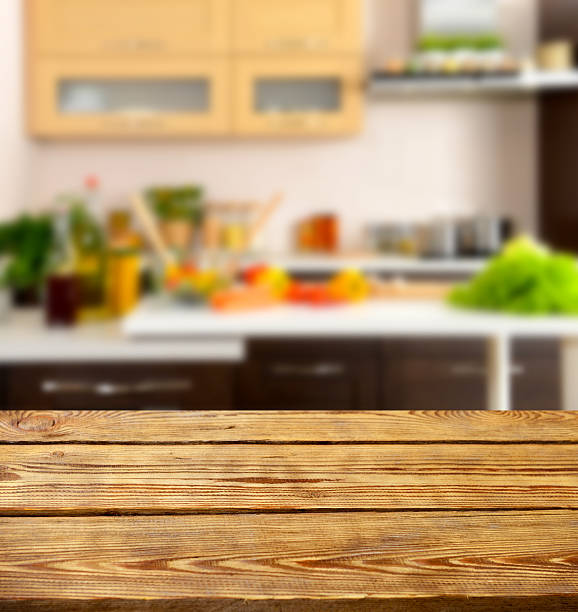 istock wooden background and Defocused kitchen background 514160746